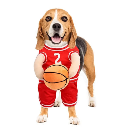 Basketball Player Dog Costume: Funny Jersey Outfit with Ball & Arms for Small Dogs