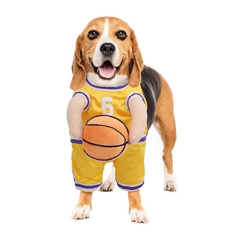 Basketball Player Dog Costume: Funny Jersey Outfit with Ball & Arms for Small Dogs